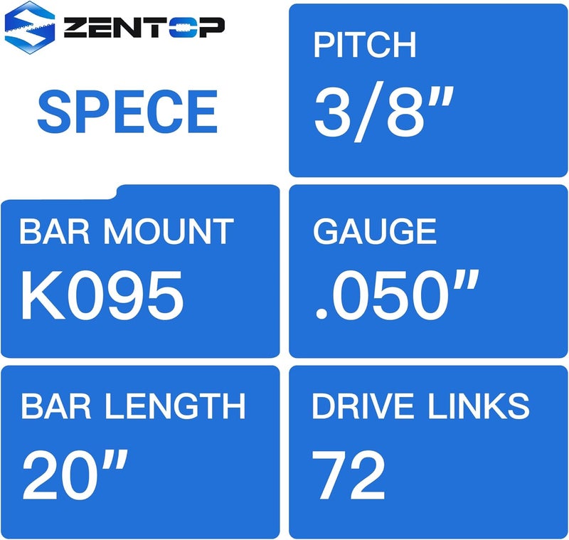 Zentop شريط ومنشار سلسلة 20 بوصة، قياس .050''، 3/8" خطوة 72DL يناسب هوسكفارنا 455، 455 رانشر 460 رانشر، جونسراد، بولان PP5020AV PR5020 - Image 2